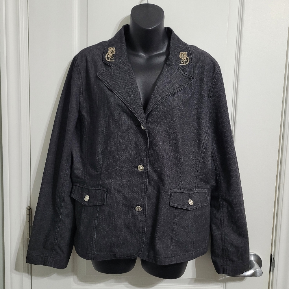 Simon Chang Dark Grey/Black Denim Jacket Blazer Embroidered Details Sz 16